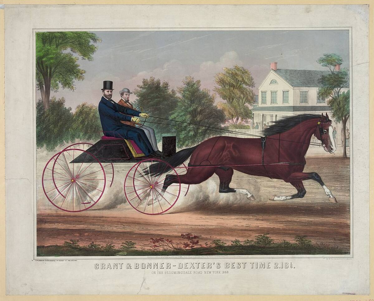 Grant y Robert E. Bonner corriendo en un carruaje en Nueva York, como se muestra en una litografía de 1868. | Wikipedia.