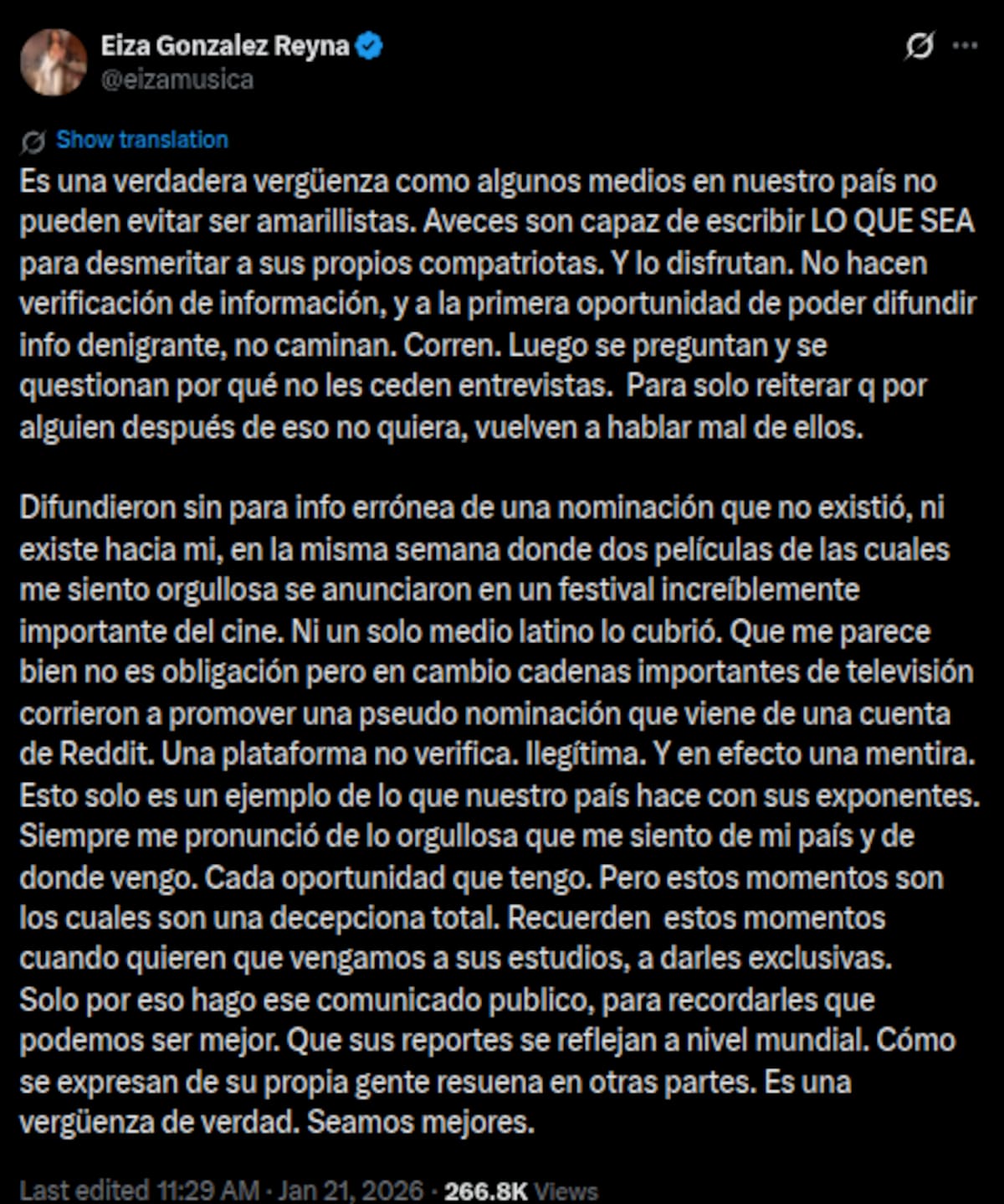 Eiza González critica a los medios mexicanos y desmiente nominación a los Razzies | Cuenta de X: @eizamusica