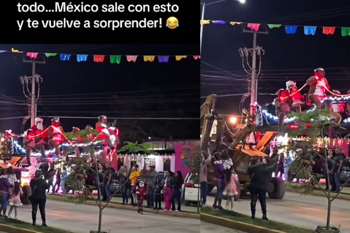 Desfile navideño se vuelve viral al mostrar a Santa Claus “volando” con sus renos… aunque en realidad los levanta una retroexcavadora.