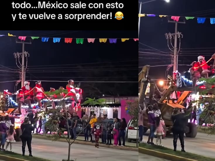 Desfile navideño se vuelve viral al mostrar a Santa Claus “volando” con sus renos… aunque en realidad los levanta una retroexcavadora.