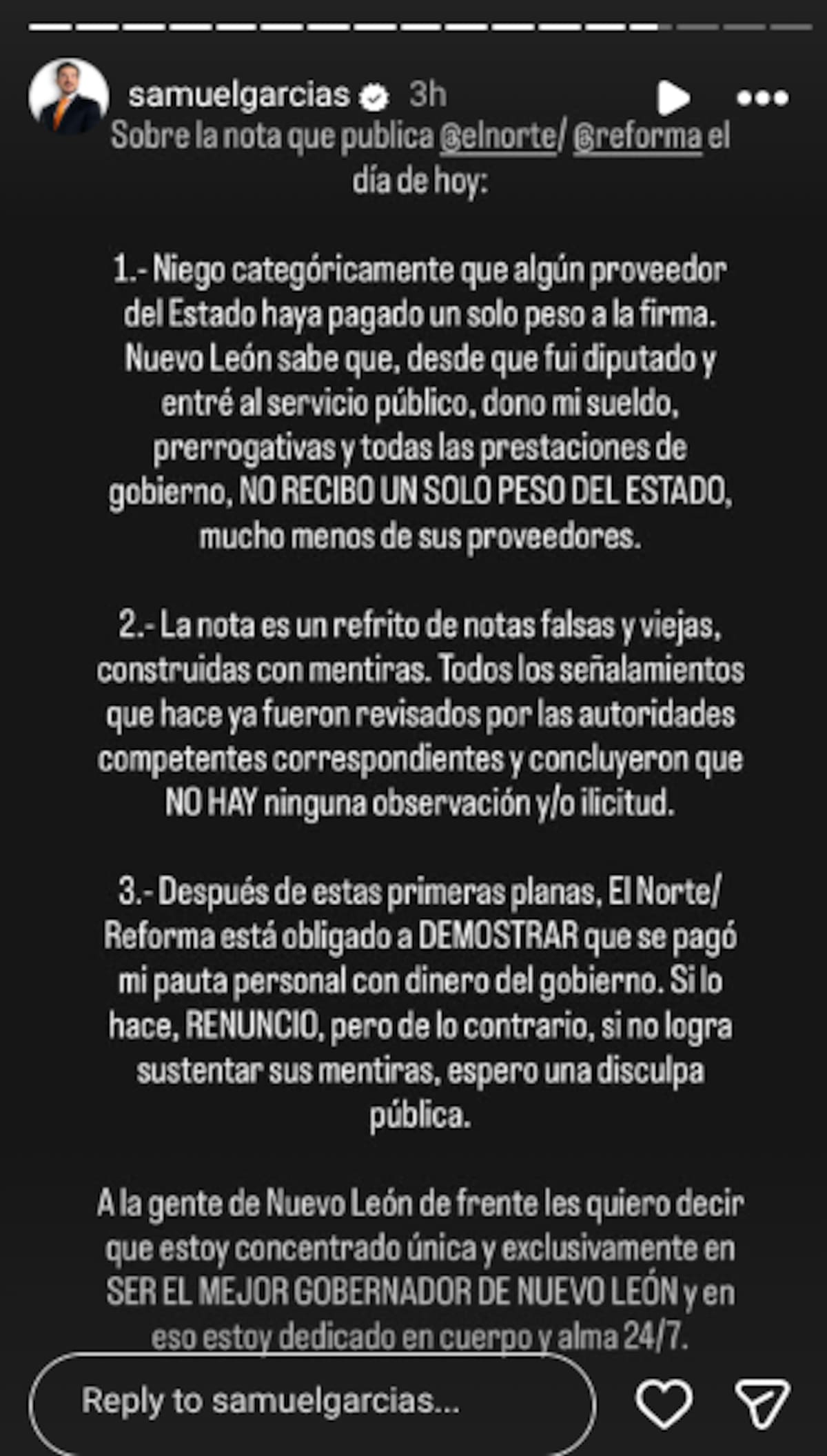 Samuel García rechazó "categóricamente" las acusaciones en su contra tras reporte de El Norte. | Captura de pantalla/Instagram