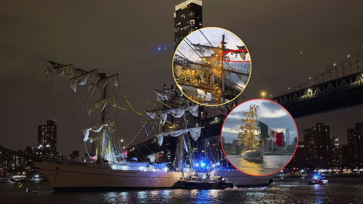 El sábado por la noche, el buque escuela Cuauhtémoc de la Armada de México chocó contra la parte inferior del puente de Brooklyn, en Nueva York, provocando la muerte de dos tripulantes y dejando al menos 22 personas heridas. Foto: Especial