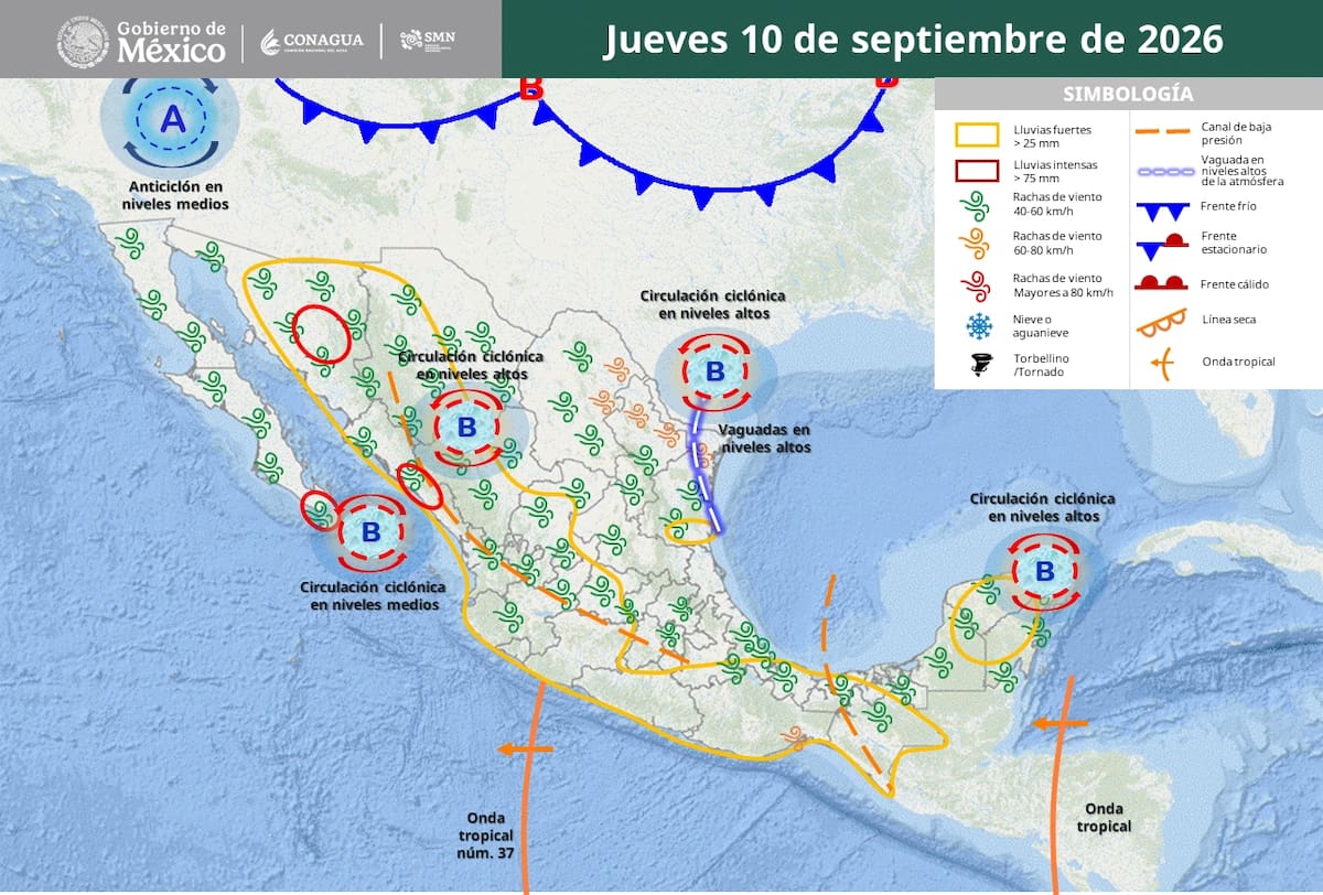 Pronóstico del clima para el jueves 10 de septiembre del 2026. | Crédito: Conagua