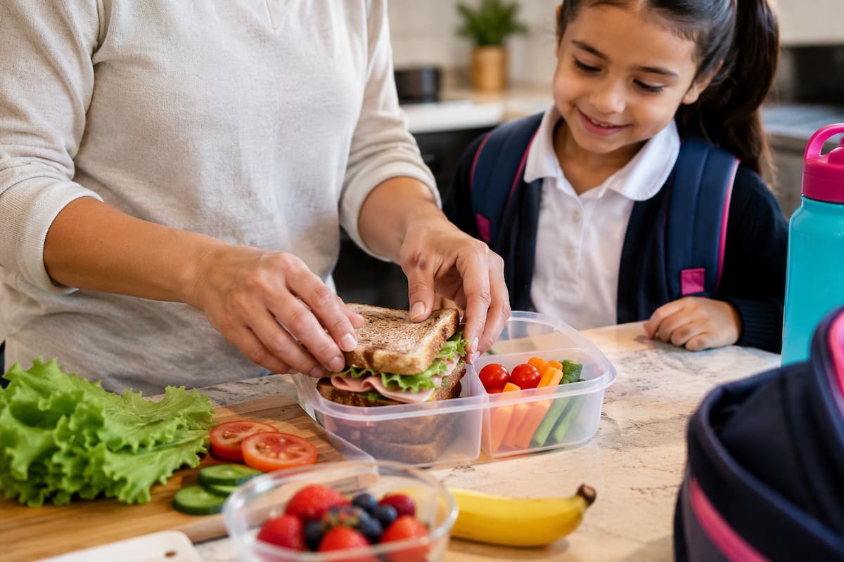 En México, es común que madres y padres preparen desde casa el lunch que sus hijos llevan a la escuela, con opciones como fruta, verduras, sándwiches, tacos o tortas. | Crédito: Imagen hecha con IA de ChatGPT