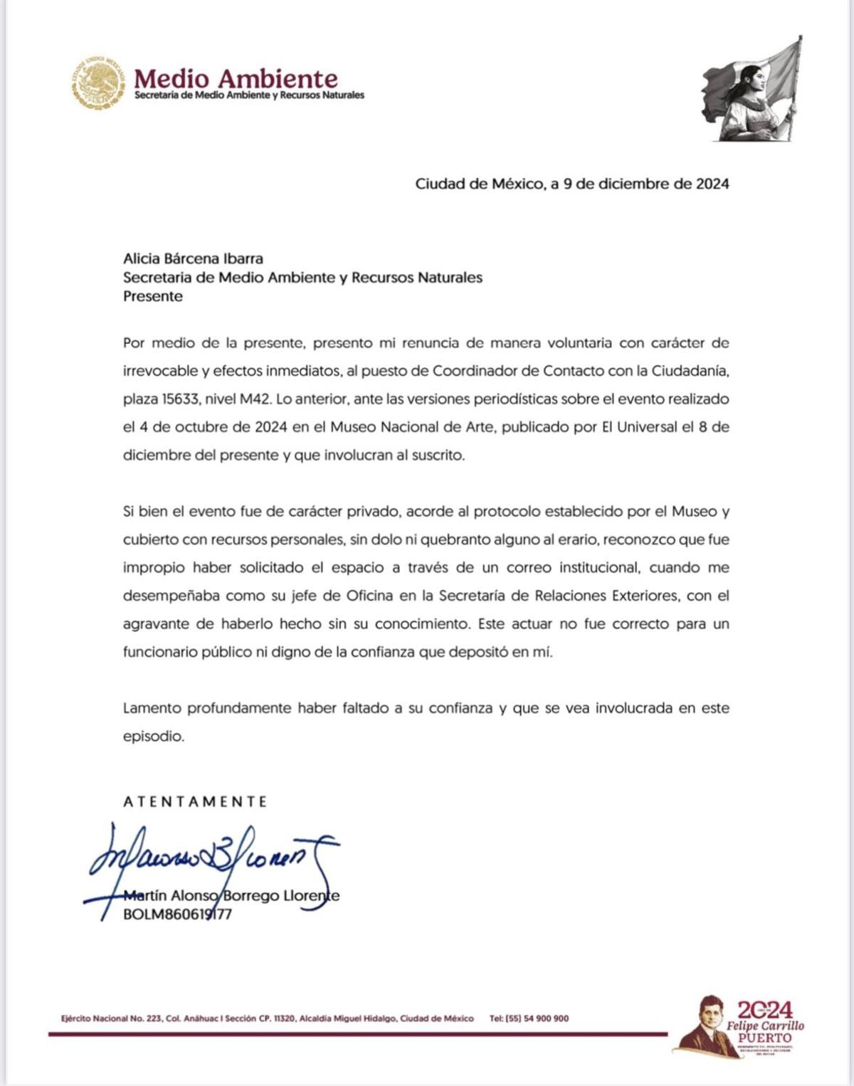 La carta de renuncia enviada a Alicia Bárcenas. | Crédito: X @ClaudioOchoaH