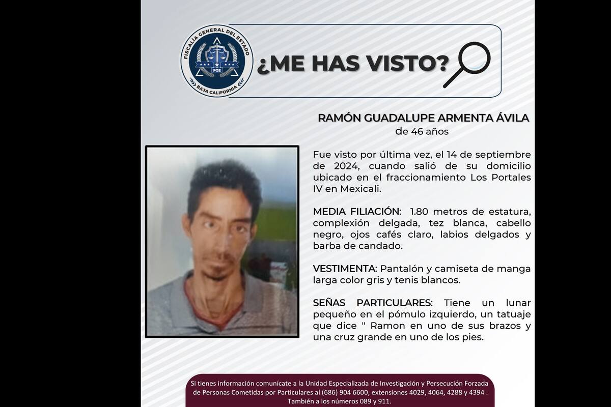 Piden ayuda para localizar a Ramón Guadalupe Armenta Ávila