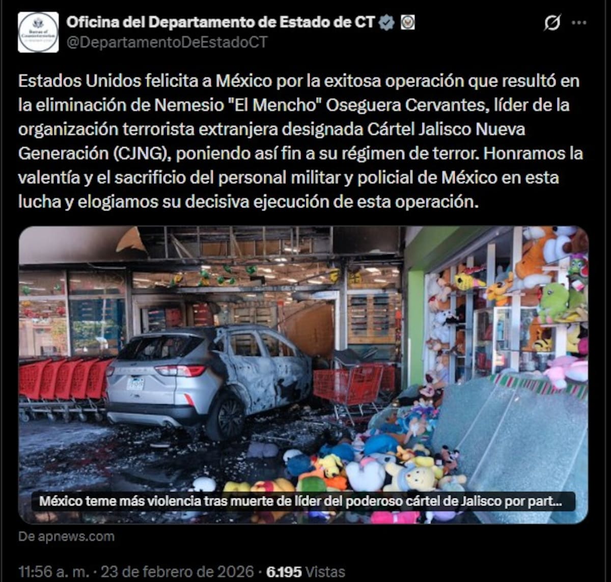 Estados Unidos elogia a México tras abatimiento de “El Mencho”: destaca el fin de su “reinado de terror” tras operativo en Jalisco.