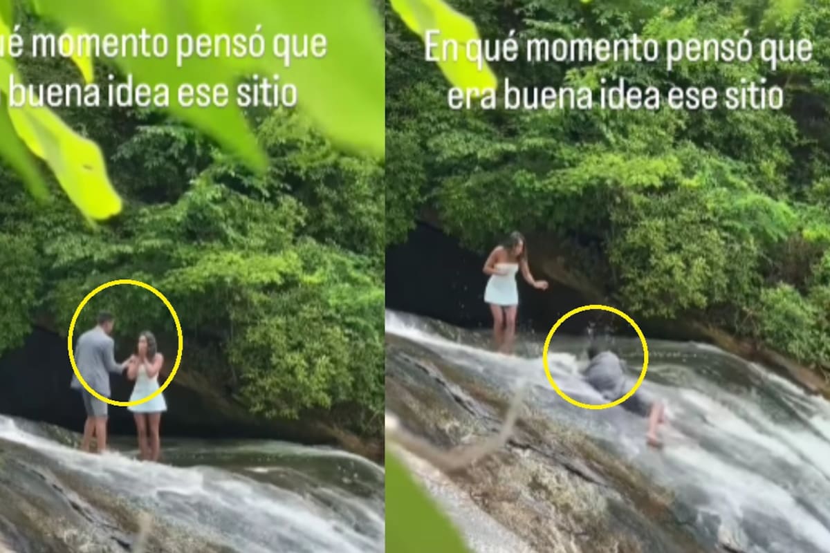 Hombre se resbala por una cascada mientras pedía matrimonio cuesta abajo