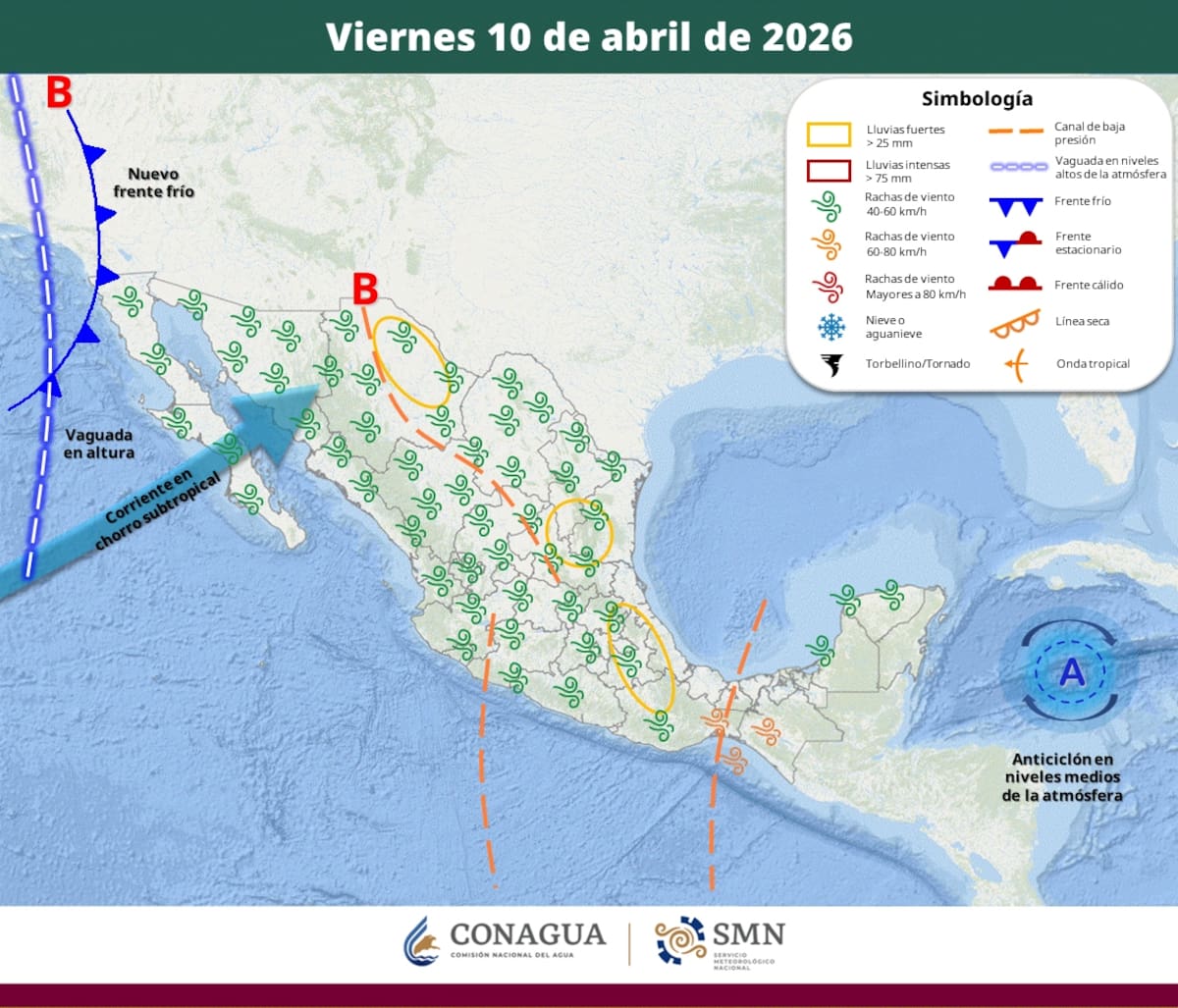 Pronóstico del clima para el viernes 10 de abril del 2026. | Crédito: SMN