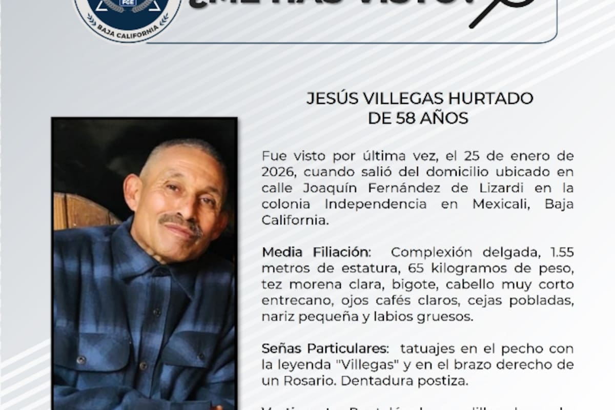 Buscan a Jesús Villegas Hurtado, hombre de 58 años desaparecido