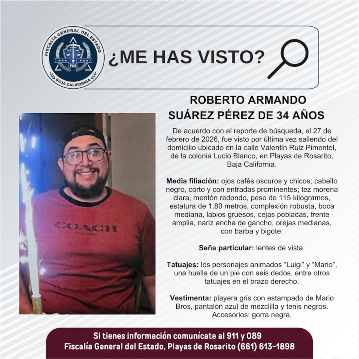 Fue visto por última vez el 27 de febrero de 2026.