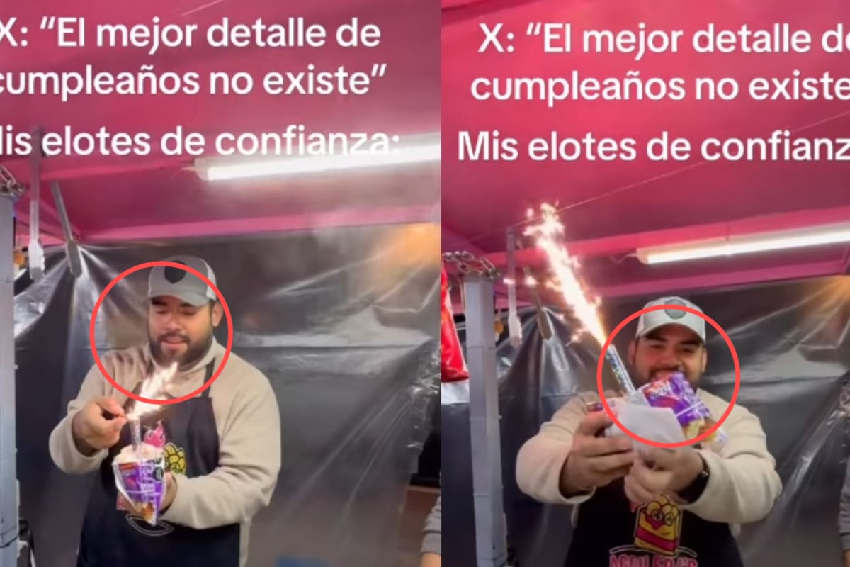 Puesto de elotes y botanas se vuelve viral por servir sus Tostitos con una vela de bengala de cumpleaños