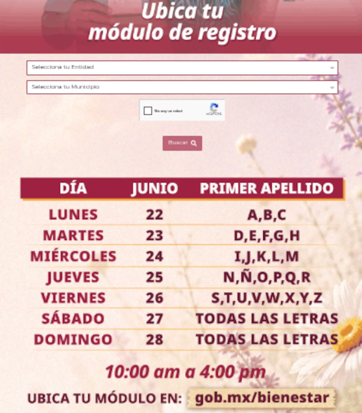 La atención en las sedes se organizará de acuerdo con la letra inicial del primer apellido del interesado. | ubicatumodulo.bienestar.gob.mx