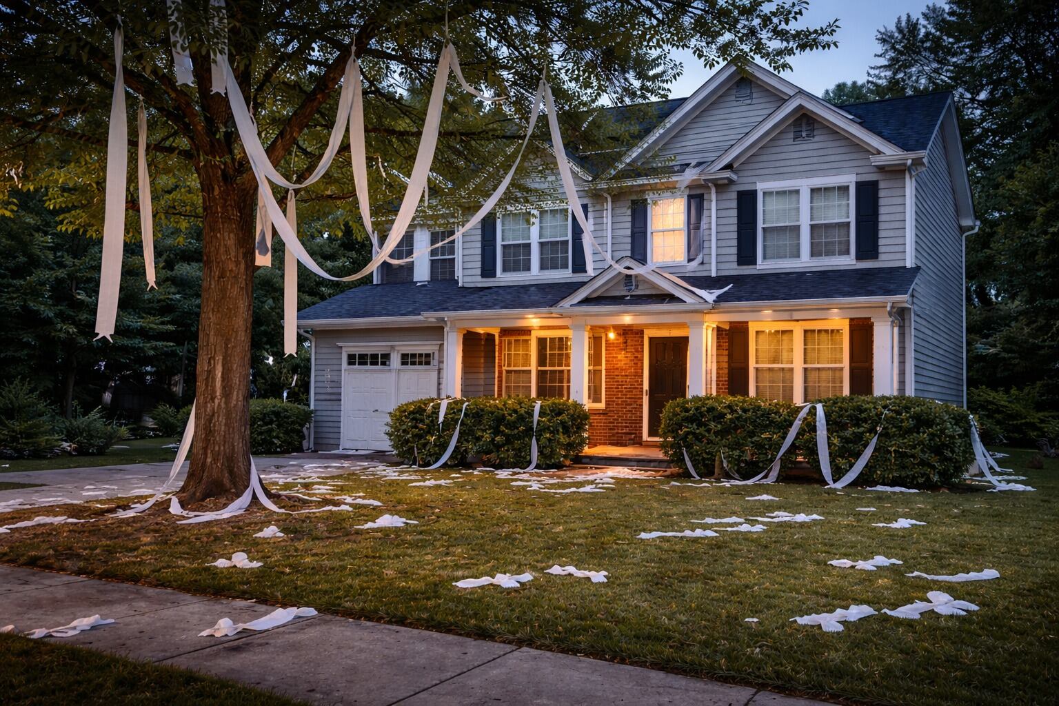 En Estados Unidos, la broma de cubrir una casa con papel higiénico se conoce como “toilet papering” o “TP’ing”, y suele realizarse durante celebraciones escolares como Halloween o después de eventos deportivos, aunque puede considerarse vandalismo si causa daños o implica invasión de propiedad privada. | Imagen hecha con IA