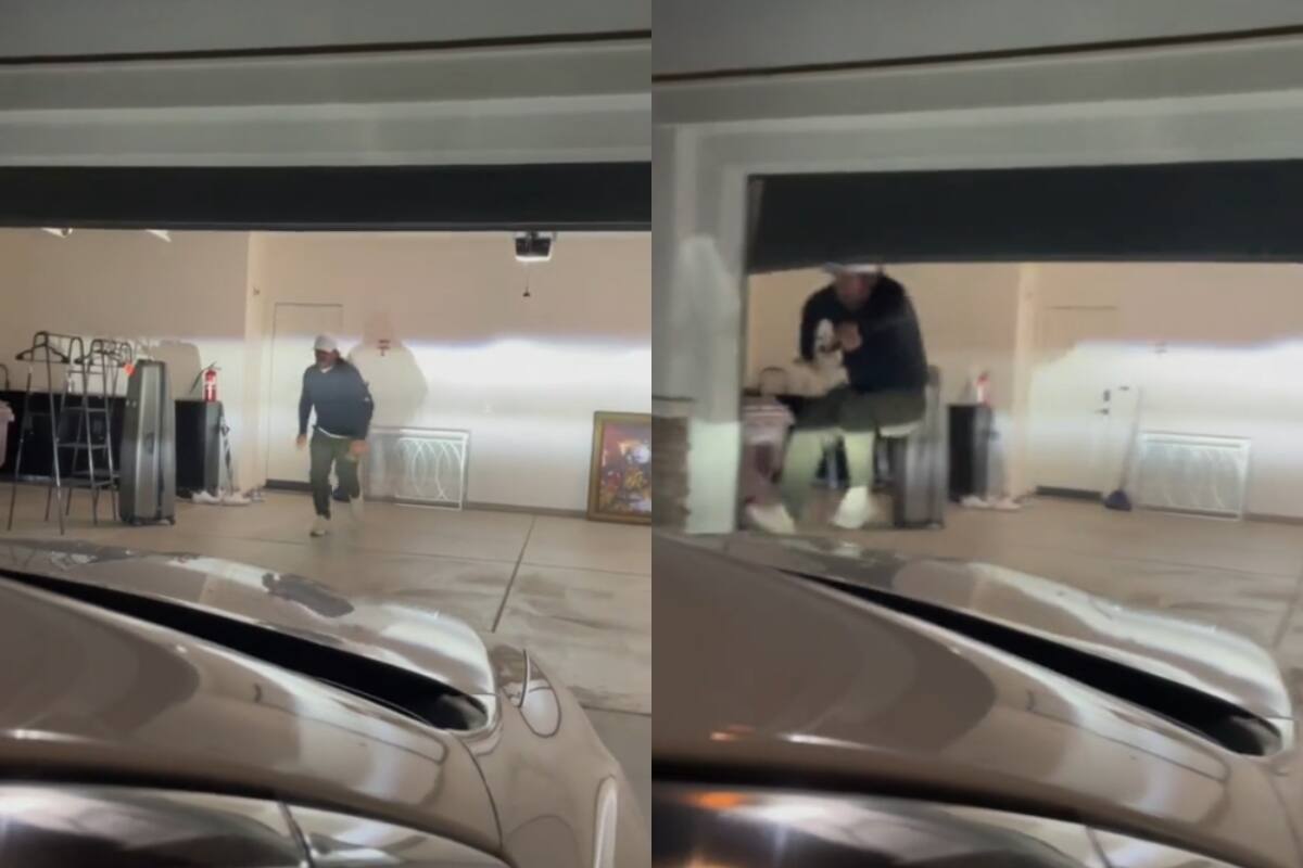 Intento fallido: hombre se da un golpe al tratar de salir antes de que la puerta de la cochera bajara