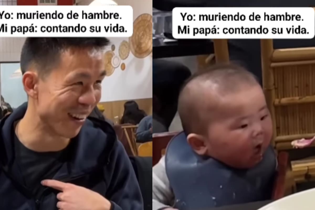 Bebé queda con la boca abierta esperando comida mientras su padre sigue platicando
