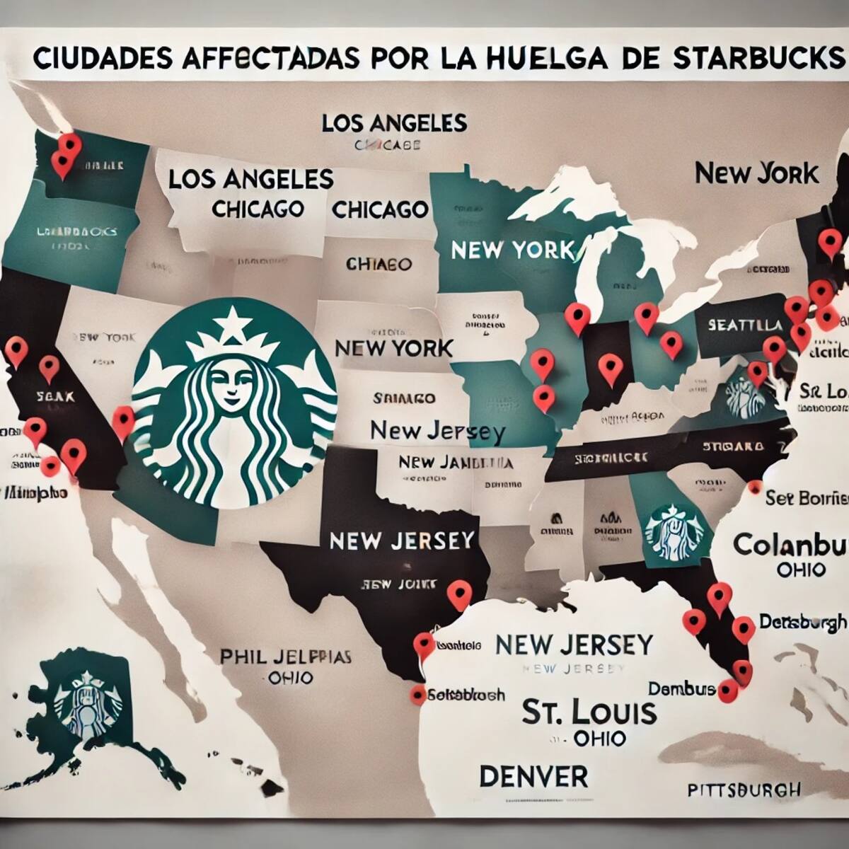 Ciudades afectadas por la huelga de Starbucks en Estados Unidos. | Imagen hecha con IA de ChatGPT