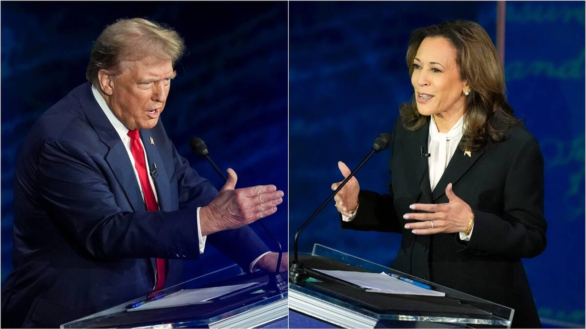 Donald Trump y Kamala Harris discutiendo tema de migración en debate presidencial.
