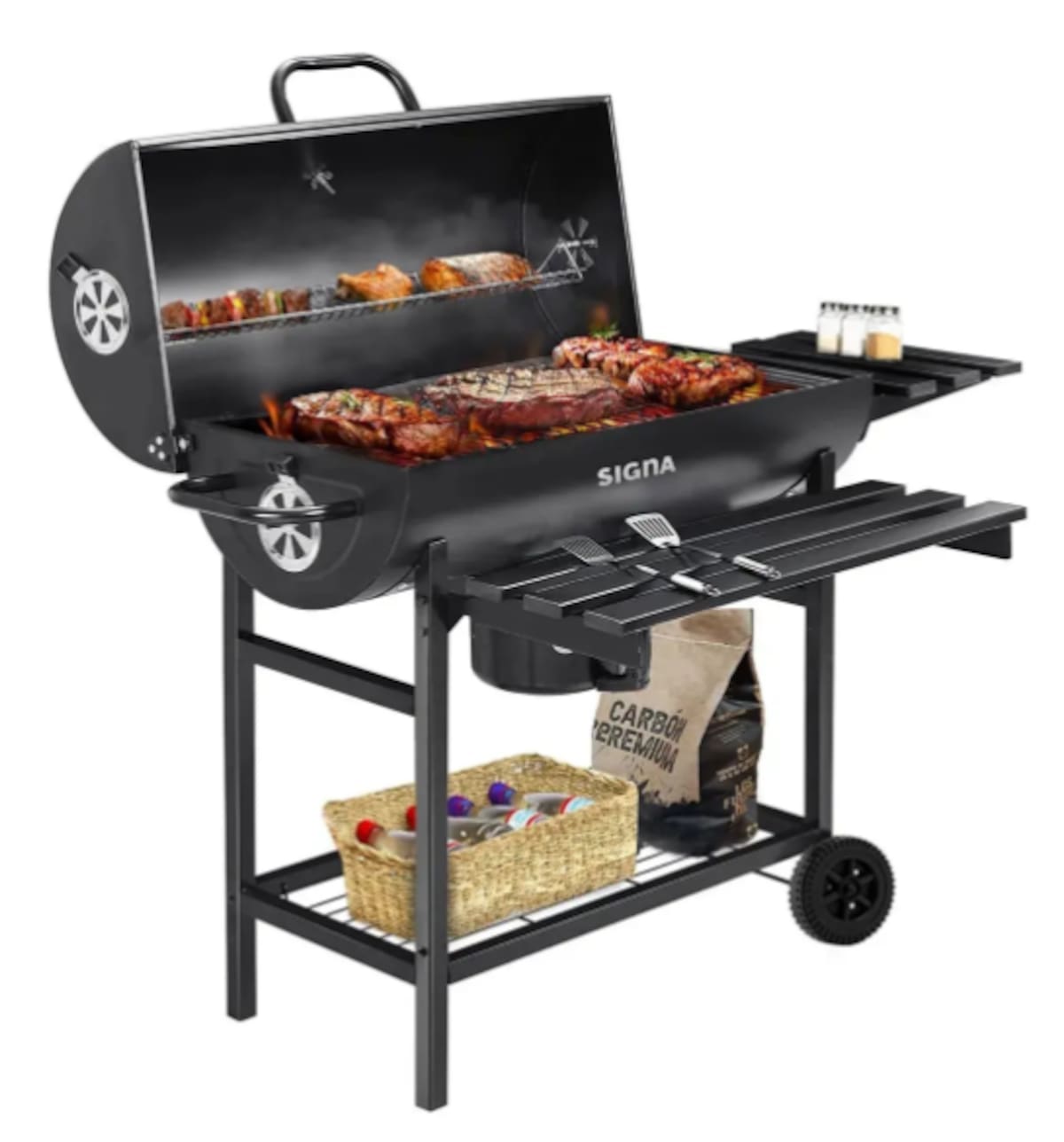 El asador está fabricado en acero inoxidable, incluye ruedas para moverlo dentro del hogar y una mesa lateral para colocar utensilios, condimentos o platos durante la cocción. | Foto: Mercado Libre