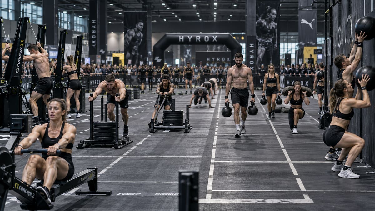 El formato de HYROX incluye ocho estaciones de ejercicios, entre ellas SkiErg, trineo, remo, Farmers Carry, lunges y Wall Balls. (Foto: Imagen generada con IA)