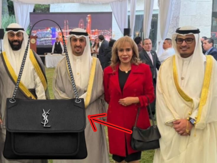 Acusan en redes que diputada de Morena Paola Tenorio Adame usa photoshop para borrar logo de Yves Saint Laurent en bolsa que lució durante evento en Embajada de Kuwait