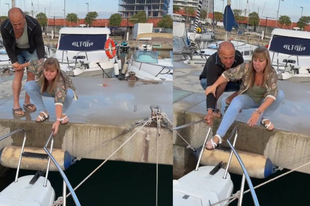 VIDEO | A esta mujer se le hace imposible subirse a un bote por el temor a caerse al agua