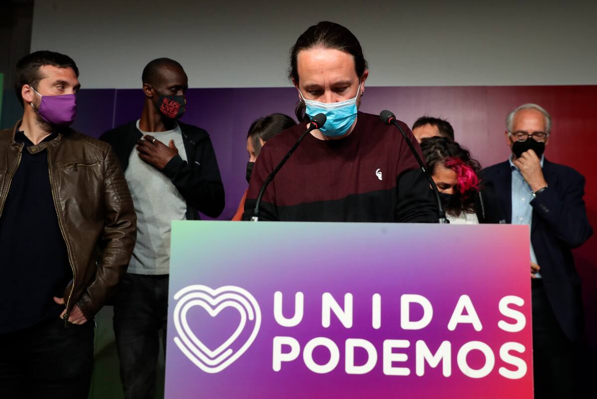 MADRID, 04/05/2021.- El líder de Unidas Podemos y candidato a la presidencia de la Comunidad de Madrid, Pablo Iglesias, comparece ante los medios hoy martes en la sede del partido, en Madrid, tras conocer los resultados de las elecciones autonómicas. EFE/Kiko Huesca