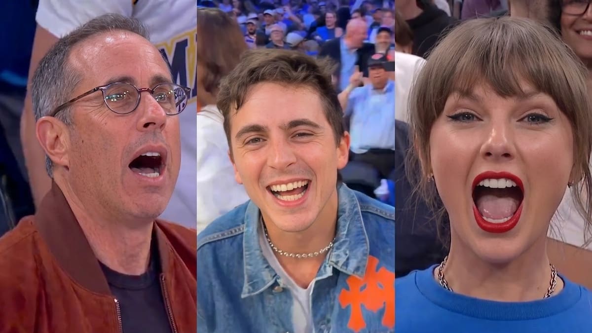 ¡Esto es cine! Timothée Chalamet, Taylor Swift, Adam Sandler y Jerry Seinfeld viven una locura en Nueva York, tras ver remontar a los Knicks un juego que perdían por 29 puntos en el Juego 4 de las Finales de la NBA