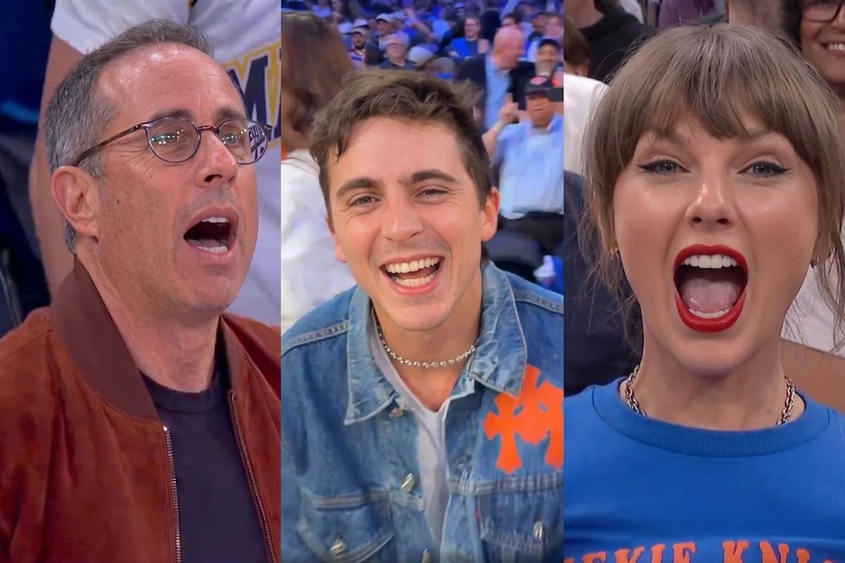 ¡Esto es cine! Timothée Chalamet, Taylor Swift, Adam Sandler y Jerry Seinfeld viven una locura en Nueva York, tras ver remontar a los Knicks un juego que perdían por 29 puntos en el Juego 4 de las Finales de la NBA