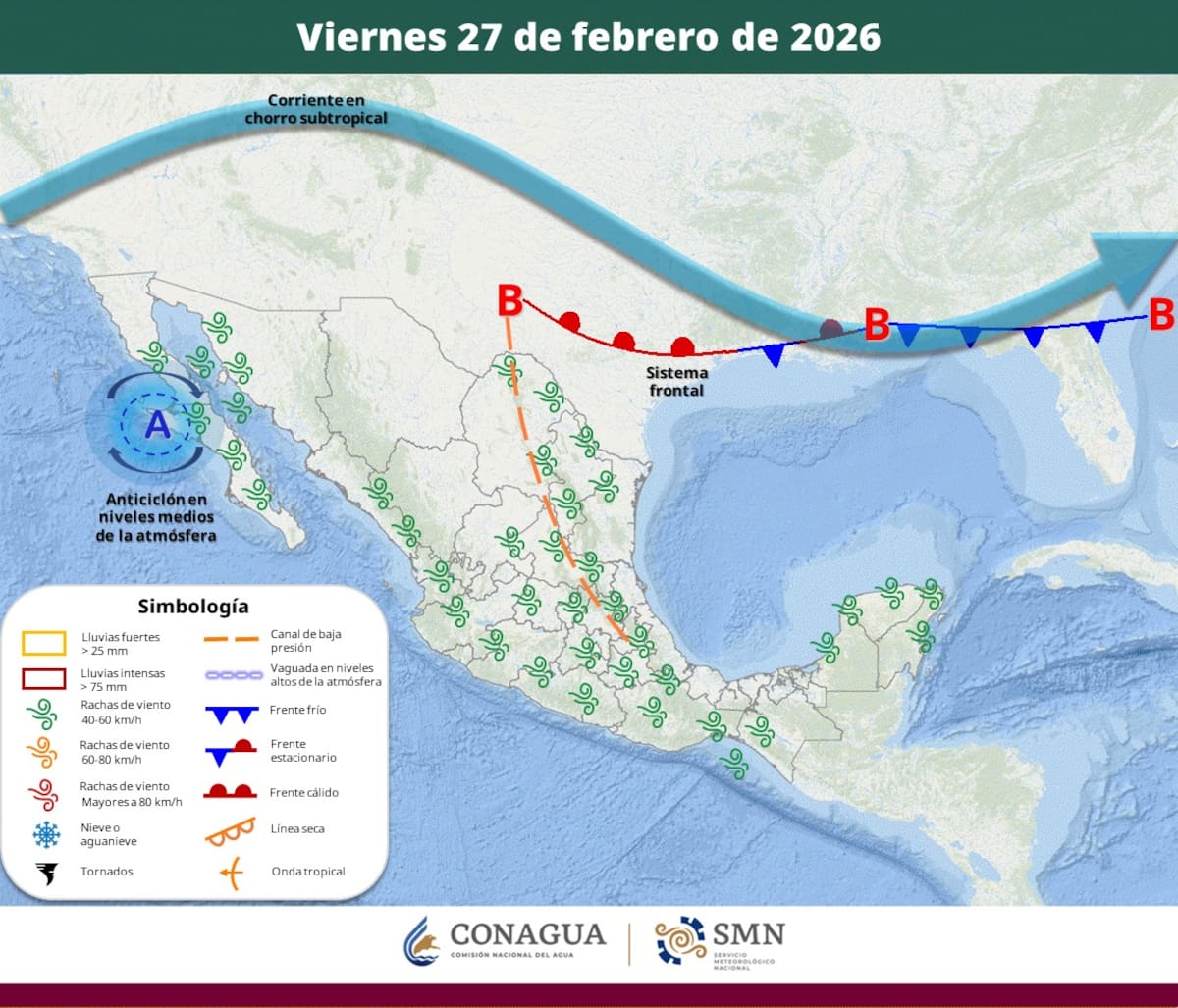 Pronóstico del clima para el viernes 27 de febrero del 2026. | Crédito: SMN