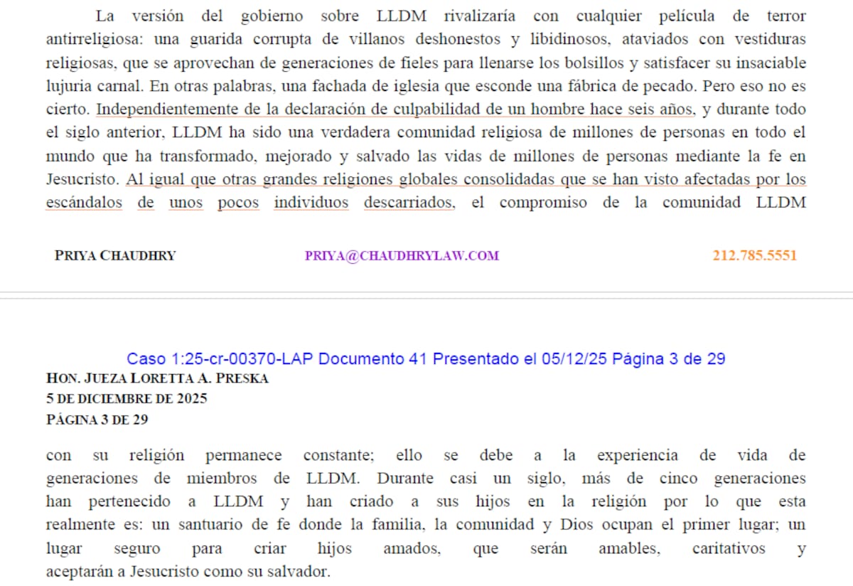 El documento entregado a la jueza Loretta A. Preska señala que Eva García se encuentra en una “situación vulnerable” y destaca que no tiene antecedentes delictivos dentro de La Luz del Mundo, según informó. Foto: @VBFact_Checks en X.