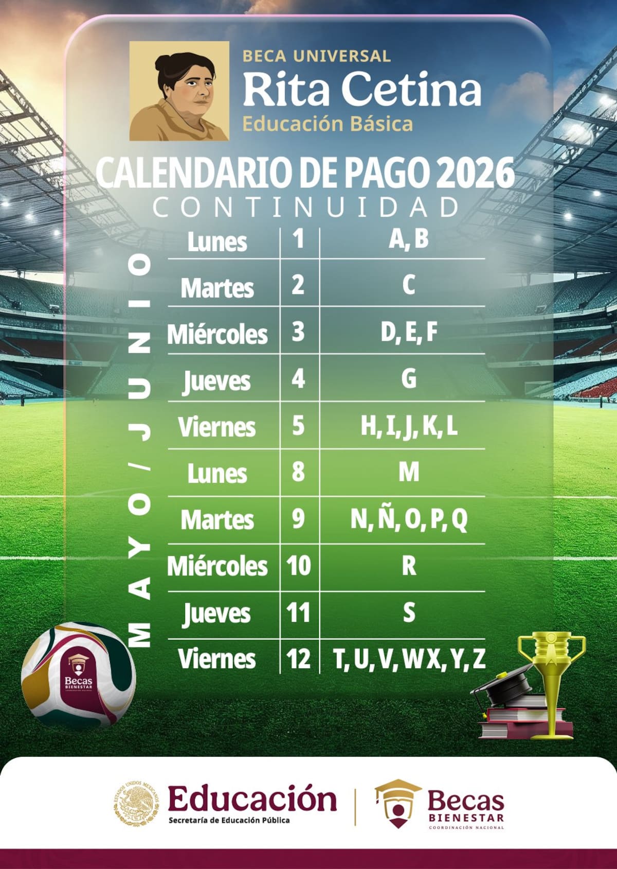 Calendario de pagos beca Rita Cetina Educación Básica Mayo-Junio 2026 | Cuenta de X: @Julio_LeonT