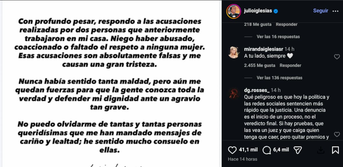 Esposa de Julio Iglesias muestra su apoyo en redes sociales | Instagram @julioiglesias