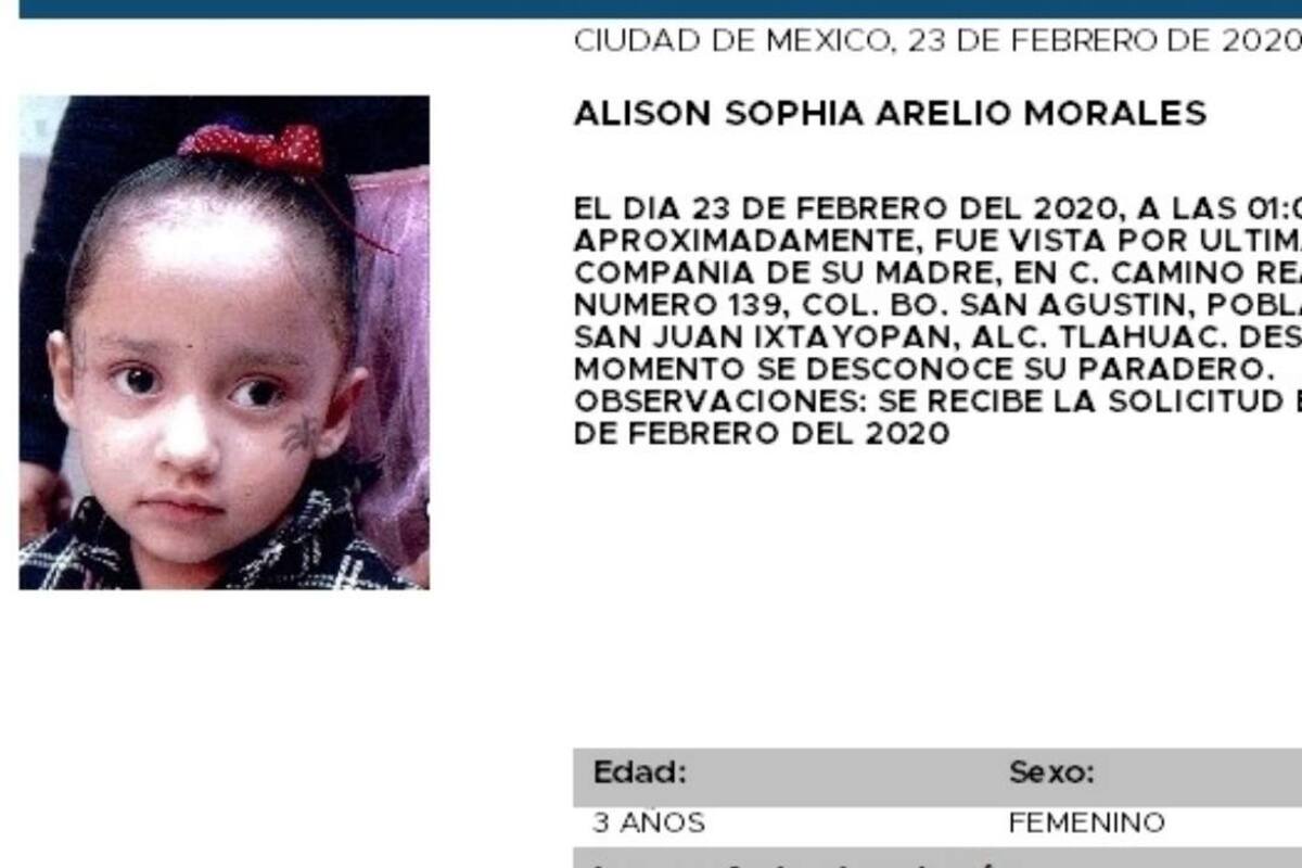 Activan Alerta Amber por desaparición de niña de 3 años en CDMX