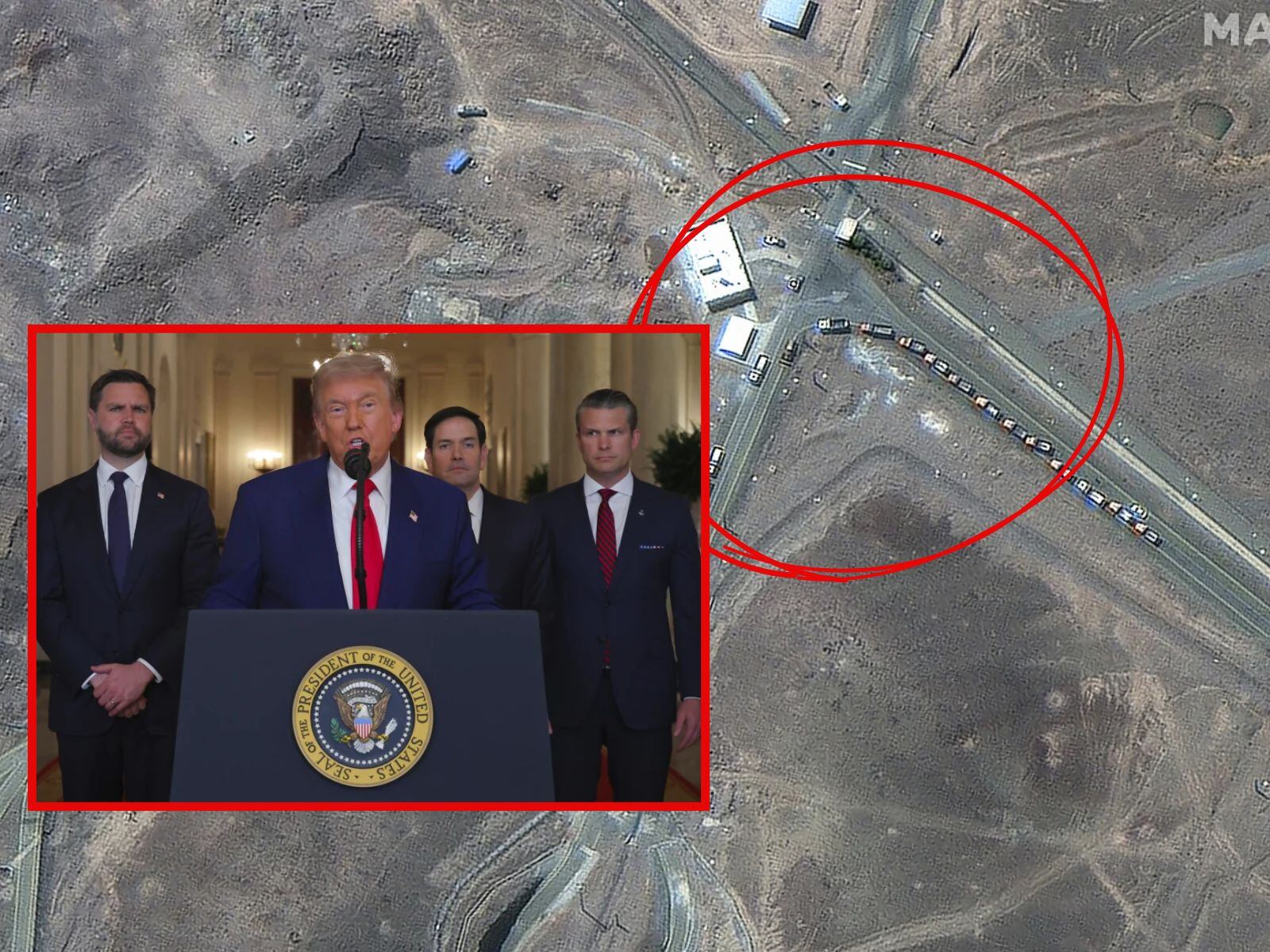 ¡Trump no debe cantar victoria! Informe de inteligencia contradice al presidente sobre daños al programa nuclear de Irán. Una imagen satelital proporcionada por Maxar Technologies muestra vehículos en la planta de enriquecimiento de Fordo en Irán el jueves 19 de junio de 2025, lo que refuerza la hipótesis de que Irán habría trasladado material clave días antes del ataque. | Crédito: AP