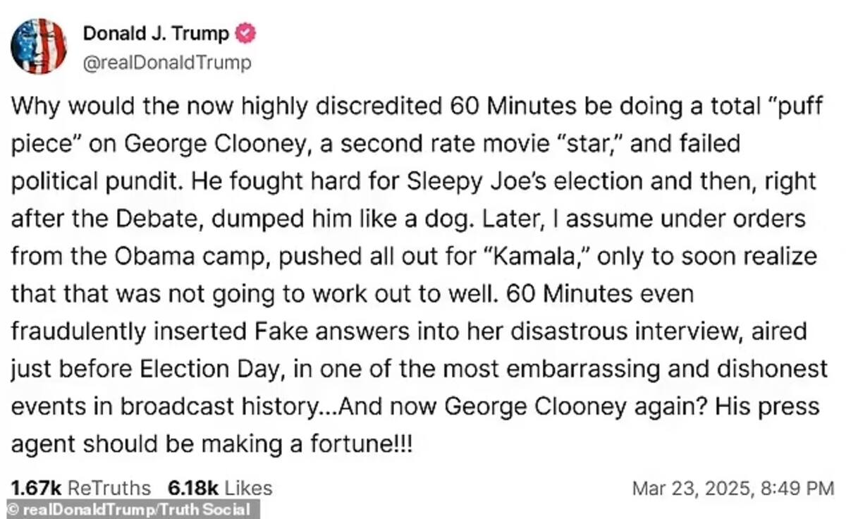 Donald Trump arremete contra George Clooney tras postura política del actor | Captura de pantalla: Truth Social