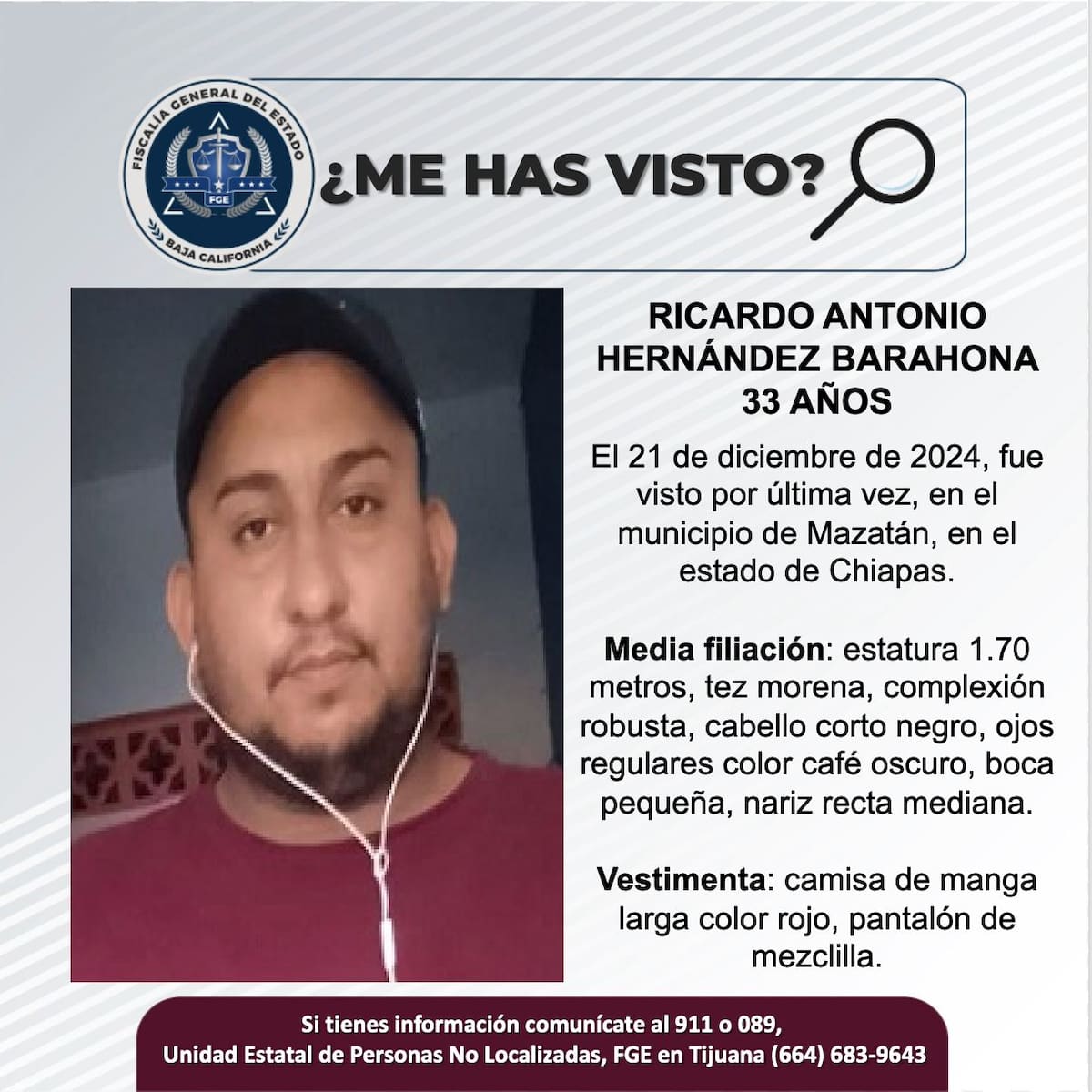 Fue visto por última vez el 21 de diciembre de 2024.