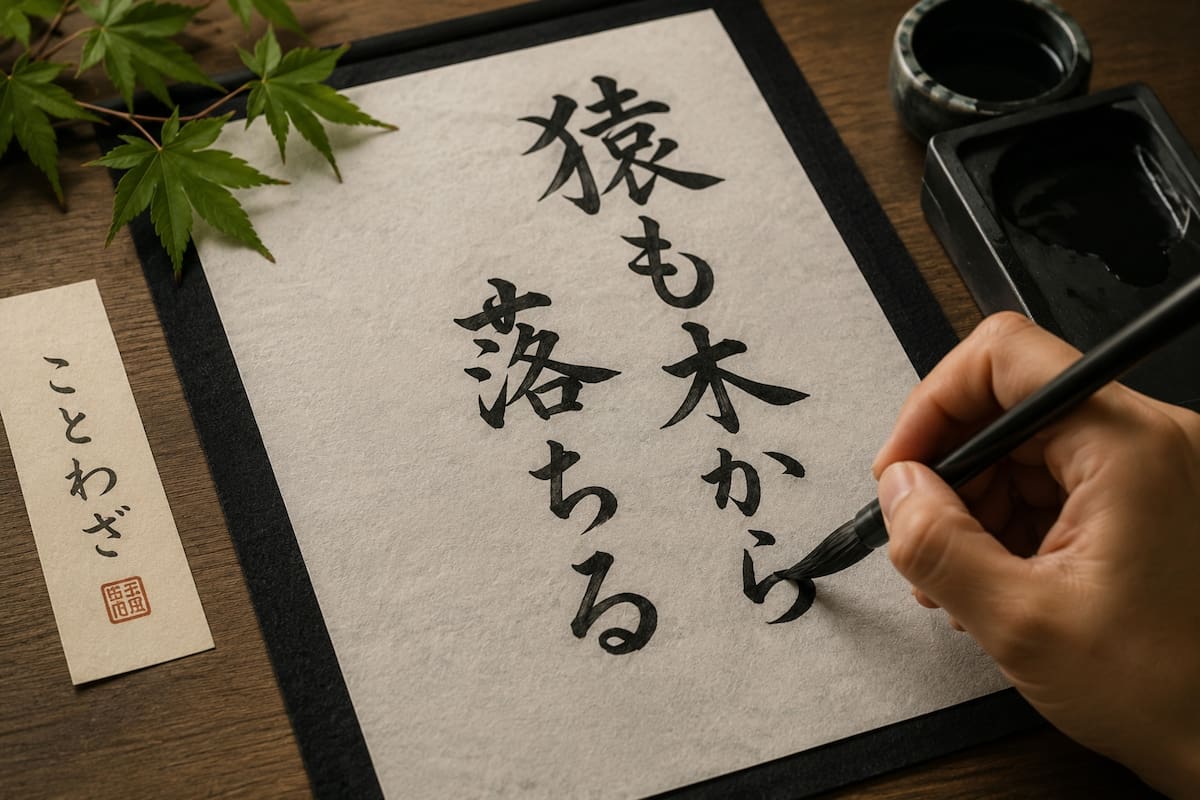 La caligrafía japonesa muestra el proverbio “Hasta los monos caen de los árboles”, una frase que recuerda que incluso las personas con experiencia pueden cometer errores. | Imagen de ChatGPT