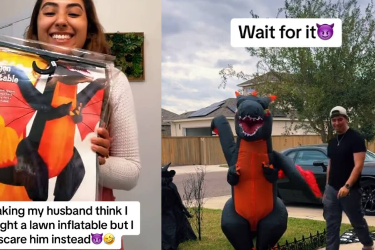 “Mi esposo pensó que era un inflable solamente”: Mujer se viste como un dragón inflable y se coloca en su jardín para asustar a su esposo