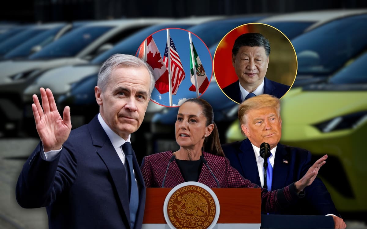 Canadá reduce arancel de 100% a 6% y permitirá hasta 49,000 autos eléctricos chinos al año, con precios menores a 595,000 pesos, abriendo mercado más barato mientras EU mantiene restricciones y México enfrenta presión en el T-MEC. Foto: Especial (Reuters/Gobierno de México/Canva)