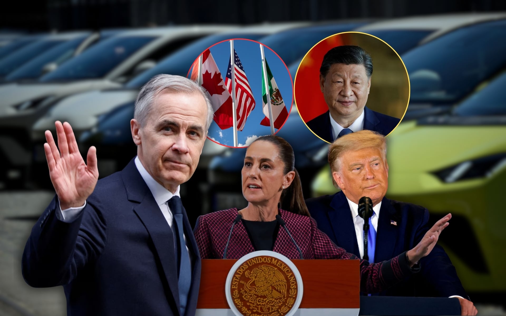 Canadá reduce arancel de 100% a 6% y permitirá hasta 49,000 autos eléctricos chinos al año, con precios menores a 595,000 pesos, abriendo mercado más barato mientras EU mantiene restricciones y México enfrenta presión en el T-MEC. Foto: Especial (Reuters/Gobierno de México/Canva)
