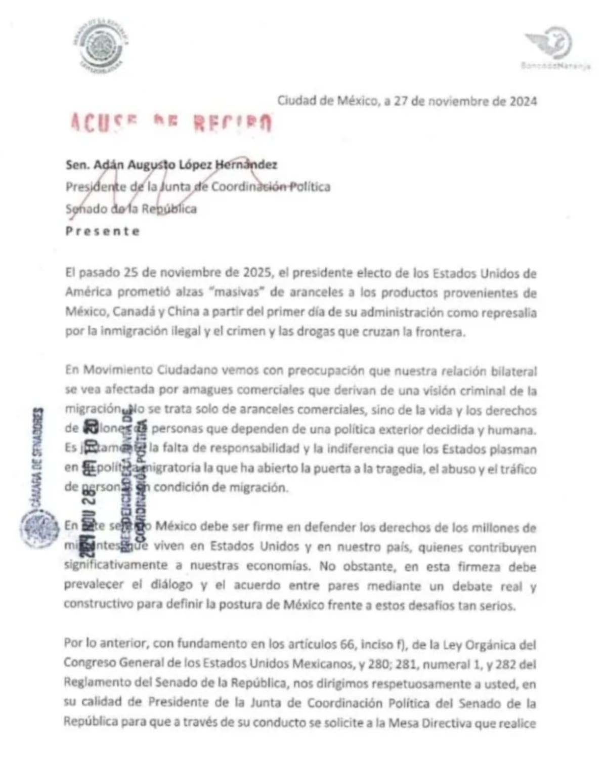Documento presentado por Movimiento Ciudadano para solicitar una reunión interparlamentaria entre México, Estados Unidos y Canadá, enfocada en migración, economía y seguridad. / Foto: Cortesía