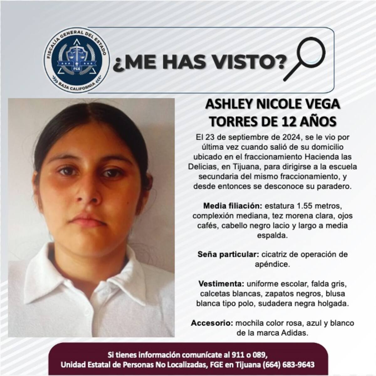 Ashley Nicole Vega Torres fue vista por última vez el 23 de septiembre de 2024.