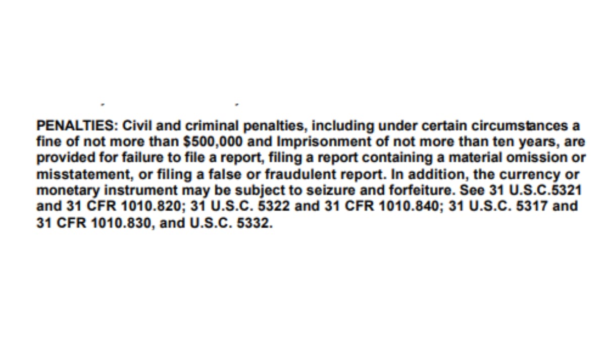 El incumplimiento de esta norma puede resultar en sanciones severas. Foto: Captura / Formulario FinCEN 105 (apartado de sanciones)