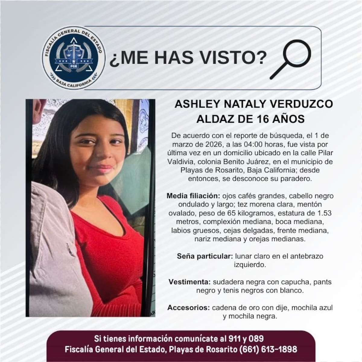 Fue vista por última vez el 1 de marzo de 2026.