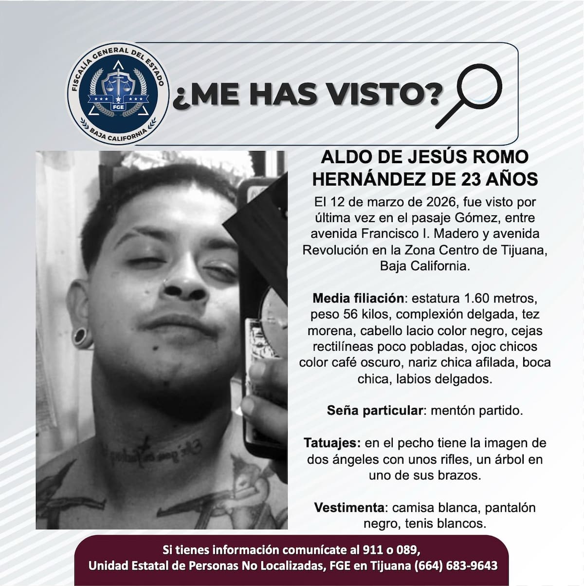 Fue visto por última vez el 12 de marzo de 2026.