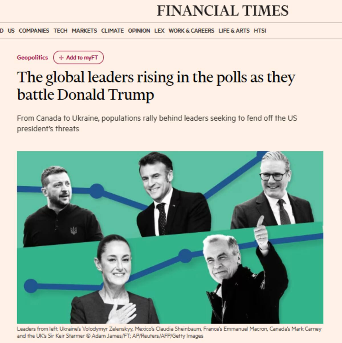 Artículo 'Líderes mundiales subieron en las encuestas mientras luchan contra Donald Trump' del Financial Times. FOTO: Captura de Pantalla