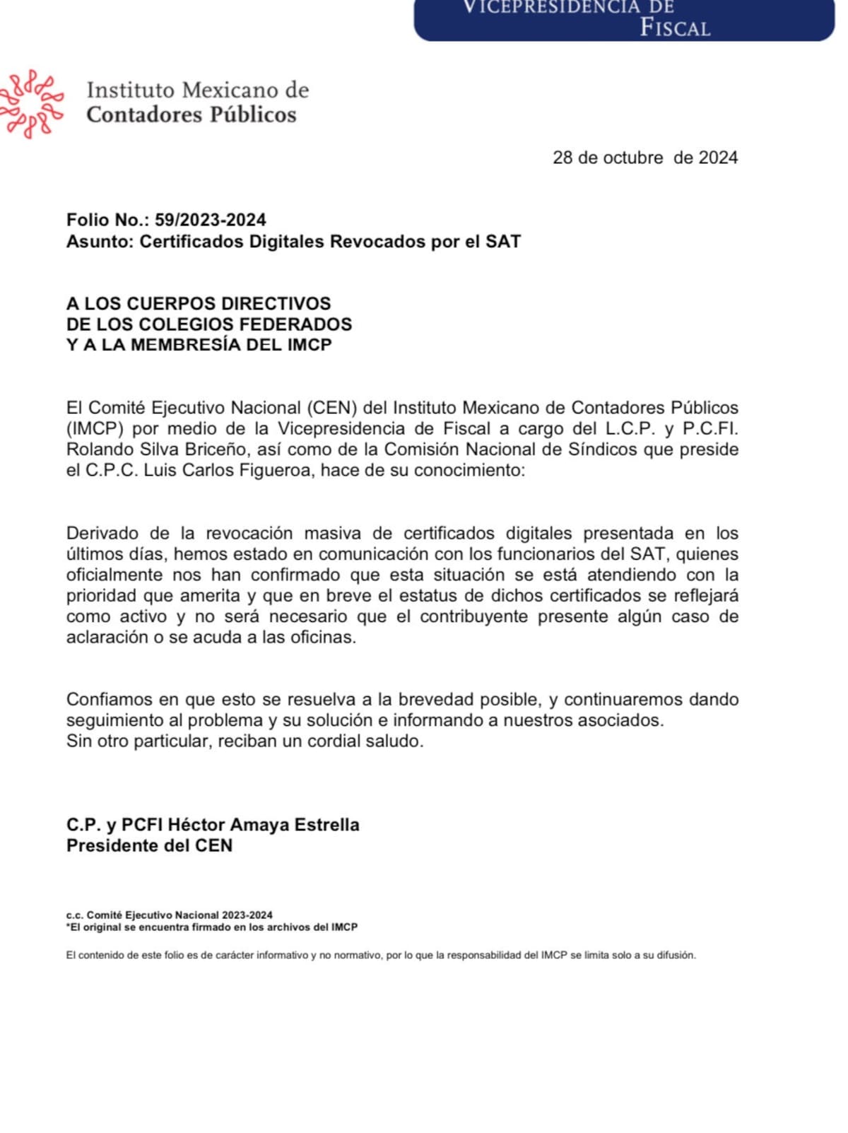 Comunicado de contadores sobre falla en el SAT.