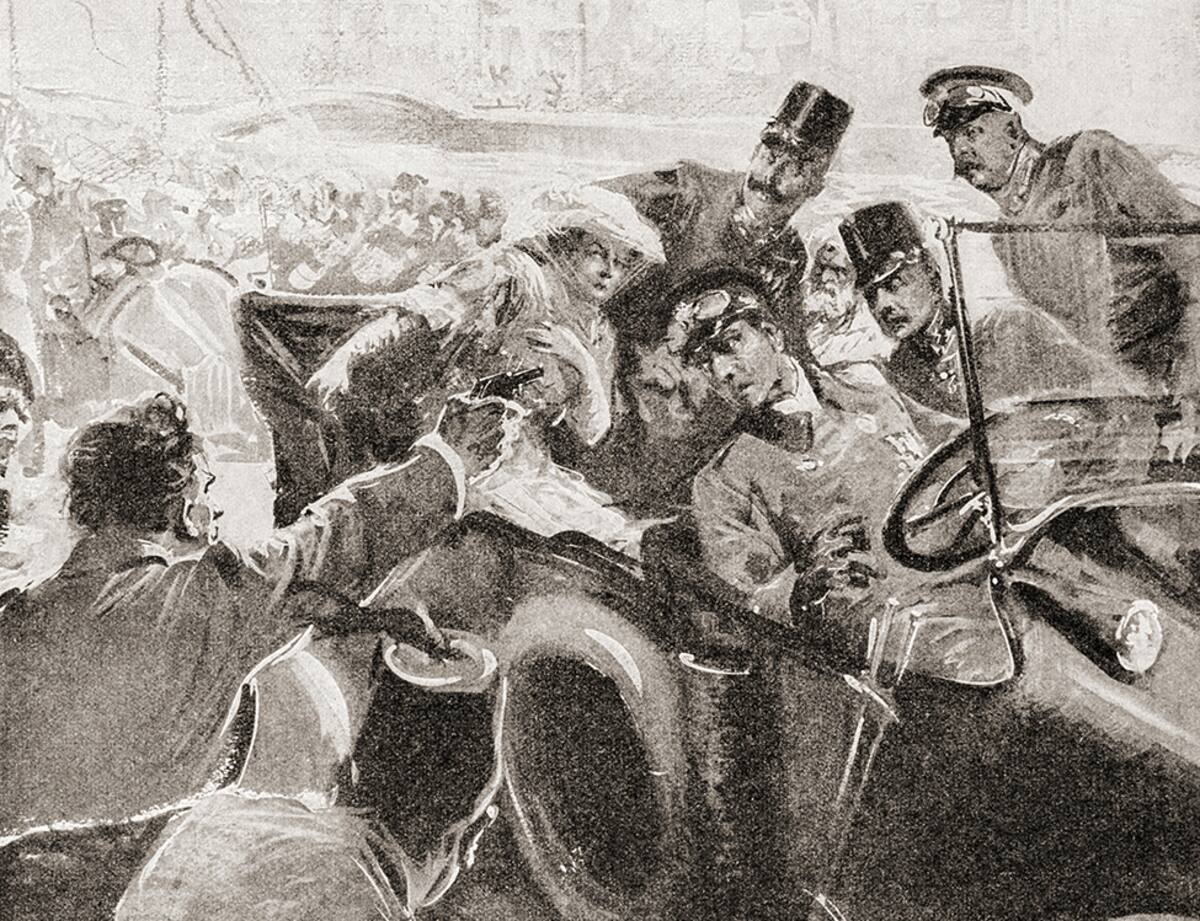 The assassination of Franz Ferdinand and his wife, Sophie, Duchess of Hohenberg, 28 June, 1914 in Sarajevo by Gavrilo Princip. Franz Ferdinand, 1863 – 1914. Archduke of Austria-Este, Austro-Hungarian and Royal Prince of Hungary and of Bohemia. From Illustrierte Geschichte des Weltfrieges1914/15. (Photo by: Universal History Archive/Universal Images Group via Getty Images)