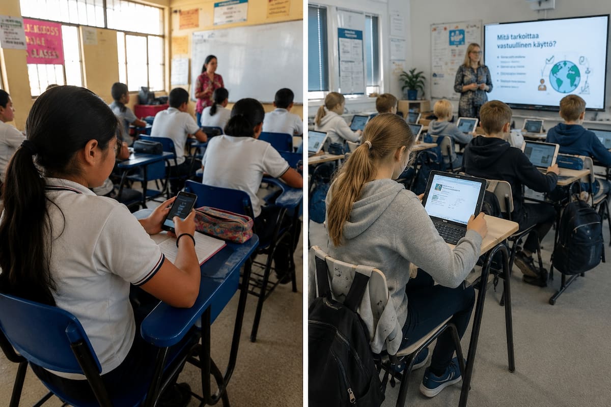 Mientras México regula el uso de celulares en escuelas para proteger y disciplinar, Finlandia los integra como herramientas didácticas, enseñando a los alumnos a usarlos con criterio y propósito. | Imagen hecha con ChatGPT